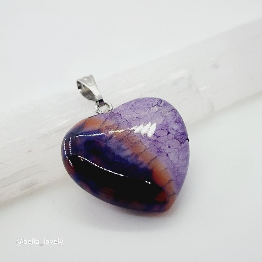 Beautiful Heart Sunset Fire Agate Pendant Purple Orange Sunburst